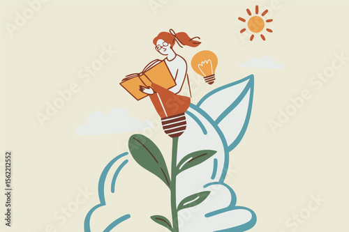 Learn or study more knowledge to grow and success growth mindset or lifelong learning education to develop new skills concept joyful woman reading book on lightbulb flower growing plant