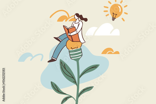 Learn or study more knowledge to grow and success growth mindset or lifelong learning education to develop new skills concept joyful woman reading book on lightbulb flower growing plant