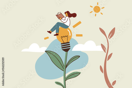 Learn or study more knowledge to grow and success growth mindset or lifelong learning education to develop new skills concept joyful woman reading book on lightbulb flower growing plant