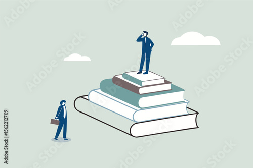 Business skills for career opportunity, knowledge or education for future job, challenge and personal improvement, reading list concept, businessman climb up ladder on books stack for good vision.