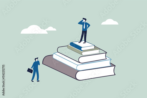 Business skills for career opportunity, knowledge or education for future job, challenge and personal improvement, reading list concept, businessman climb up ladder on books stack for good vision.