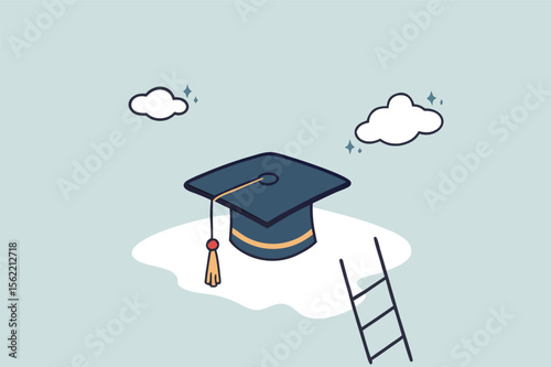 Education degree achievement, graduation or college, university diploma, school or learning classroom, wisdom or scholar concept, young adult student climb up ladder to reach graduate mortarboard hat.