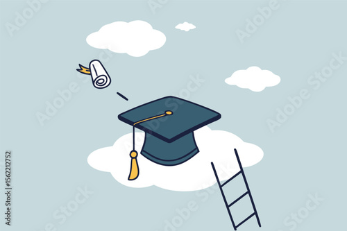 Education degree achievement, graduation or college, university diploma, school or learning classroom, wisdom or scholar concept, young adult student climb up ladder to reach graduate mortarboard hat.