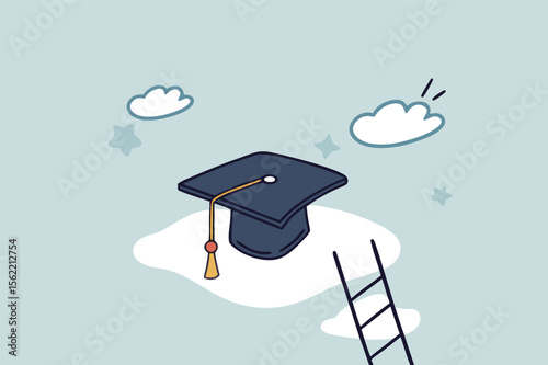 Education degree achievement, graduation or college, university diploma, school or learning classroom, wisdom or scholar concept, young adult student climb up ladder to reach graduate mortarboard hat.