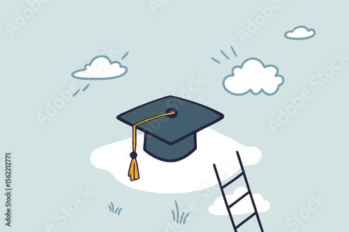 Education degree achievement, graduation or college, university diploma, school or learning classroom, wisdom or scholar concept, young adult student climb up ladder to reach graduate mortarboard hat.