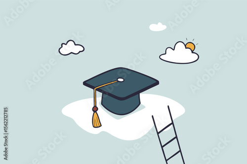 Education degree achievement, graduation or college, university diploma, school or learning classroom, wisdom or scholar concept, young adult student climb up ladder to reach graduate mortarboard hat.