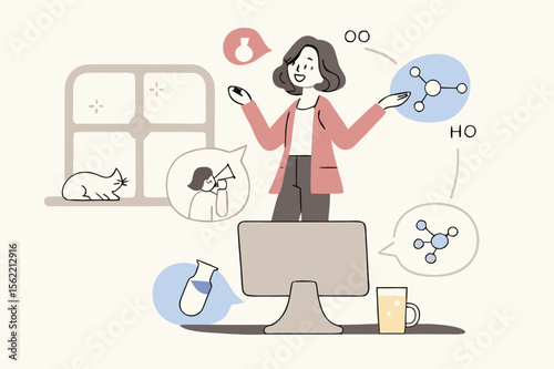 Online learning in quarantine, remote school or study from home, virtual teacher teach from remote distance concept, professional teacher explain science lesson to school kids in online classroom.