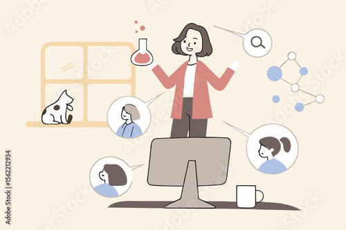 Online learning in quarantine, remote school or study from home, virtual teacher teach from remote distance concept, professional teacher explain science lesson to school kids in online classroom.