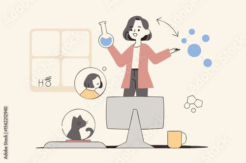 Online learning in quarantine, remote school or study from home, virtual teacher teach from remote distance concept, professional teacher explain science lesson to school kids in online classroom.