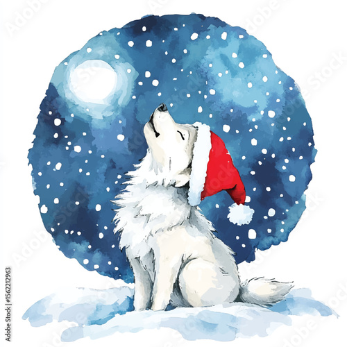 Watercolor Arctic Wolf Pup in Santa Hat Howling at Night Snow