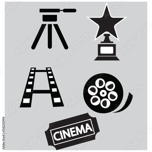 Cinema icon set. Theatre , camera, live, cinema, multimedia, film, handycam, clapperboard, movie, streaming or online video. Vector illustration