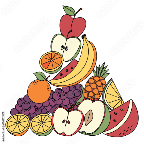 Vibrant collection of fresh fruits in a colorful artistic arrangement