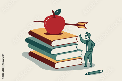 Knowledge, education, academic and scholarship concept, smart teacher or professor waiting to teaching class standing with archery arrow hitting right on red apple on stack of text books. 