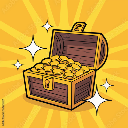 Open treasure chest overflowing with gold coins and sparkles