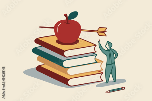 Knowledge, education, academic and scholarship concept, smart teacher or professor waiting to teaching class standing with archery arrow hitting right on red apple on stack of text books. 