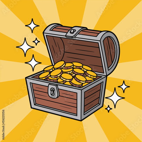Open wooden treasure chest overflowing with golden coins and sparkles