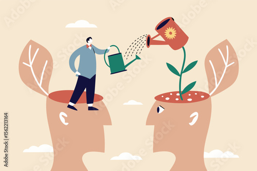Self improvement, personal development or growth mindset, motivation to grow and achieve career success, learning new skill or knowledge concept, businessman watering plant growing from his self head.