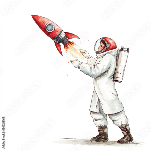Watercolor Astronaut Guiding a Red Rocket with Fiery Exhaust Flames