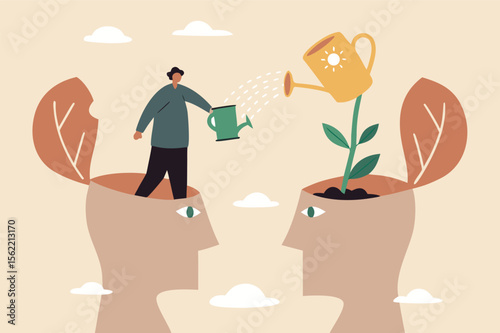 Self improvement, personal development or growth mindset, motivation to grow and achieve career success, learning new skill or knowledge concept, businessman watering plant growing from his self head.