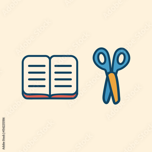 ack to school vector icon with open notebook and scissor, isolated clipart for education, teaching, classroom posters, and school supplies collection