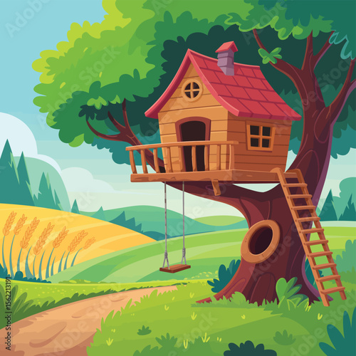 Charming wooden treehouse with a swing and ladder nestled in a lush green landscape