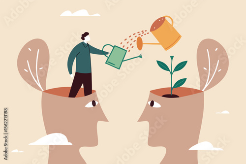 Self improvement, personal development or growth mindset, motivation to grow and achieve career success, learning new skill or knowledge concept, businessman watering plant growing from his self head.