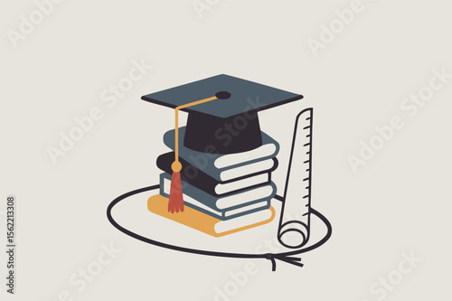 Graduation cap with diploma and books representing academic success and knowledge