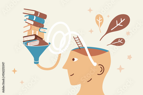 Read book fast to learning new lesson, education or studying, inspiration or easy learning, literature or intelligence information, schooling concept, book stack in funnel easy to flow in human head.