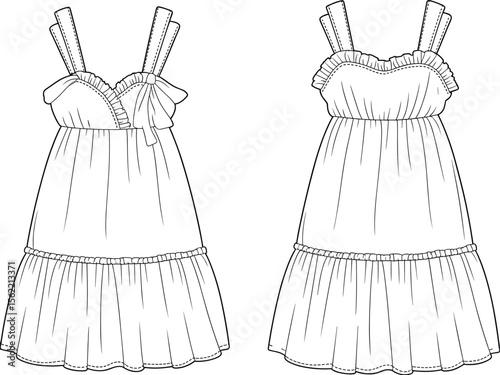 Vector Flat Sketch of Sleeveless Ruffle Dress with Bow Detail – Front and Back Fashion Illustration