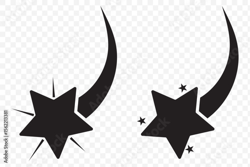 Star Silhouette of the falling of Comets, Meteorites, Asteroids, the sparks of fireworks. Vector design elements isolated on Transparent Background. EPS 10.