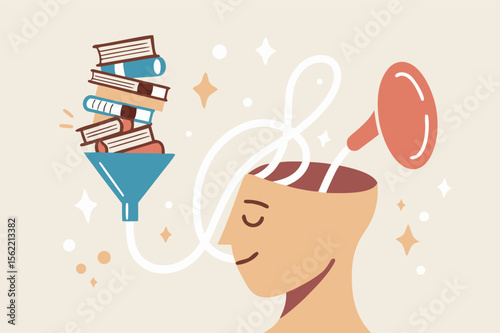 Read book fast to learning new lesson, education or studying, inspiration or easy learning, literature or intelligence information, schooling concept, book stack in funnel easy to flow in human head.