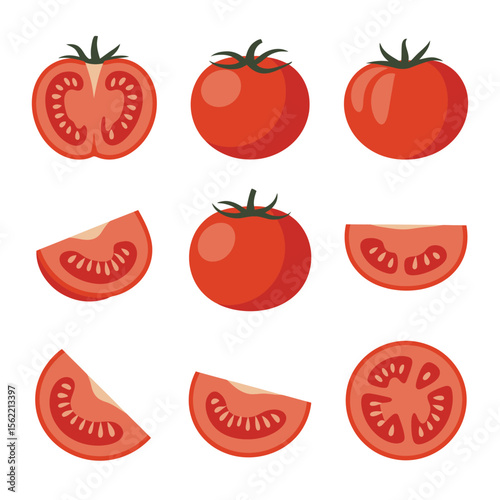 Collection of fresh red tomatoes whole and sliced in various ways