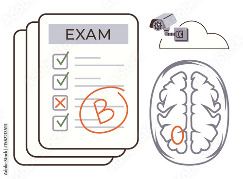 Exam sheet with marks, surveillance camera, brain outline with highlighted region. Ideal for education, examination stress, analytics, monitoring, neuroscience, cognitive research simple flat