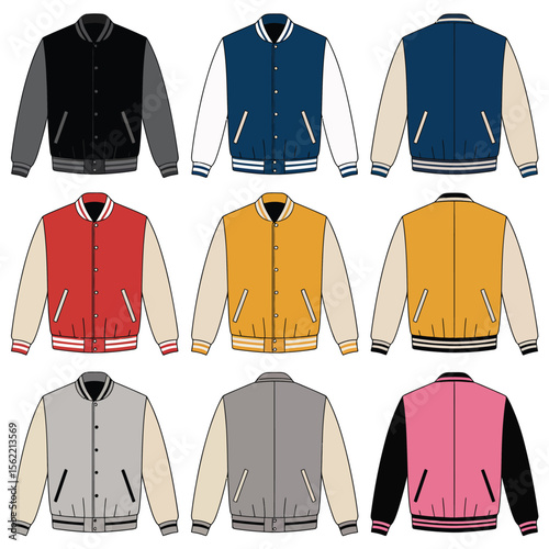 Collection of varsity jackets in various colors and styles front and back views