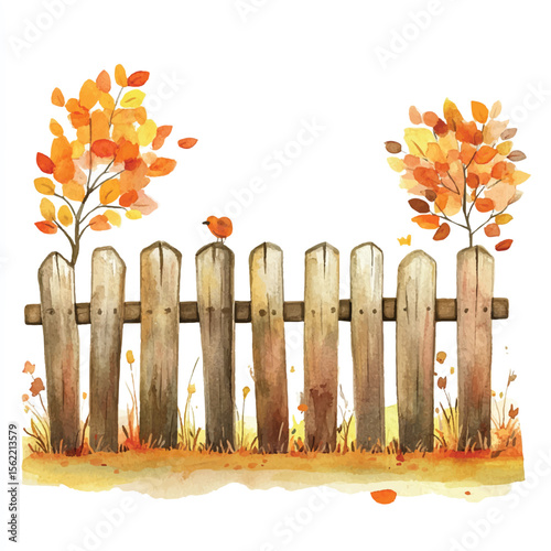Watercolor Autumn Scene Wooden Fence Trees and Bird in Fall Colors