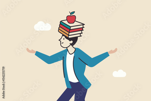 Business development books, learning or studying new skill for self improvement and success in work, education or knowledge concept, smart businessman balance books stack on his head with apple on top