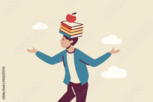 Business development books, learning or studying new skill for self improvement and success in work, education or knowledge concept, smart businessman balance books stack on his head with apple on top