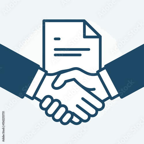 Business partners shaking hands over a signed contract agreement document