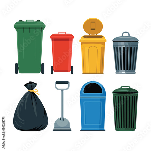 Collection of colorful trash cans and garbage bags on a white background