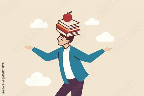Business development books, learning or studying new skill for self improvement and success in work, education or knowledge concept, smart businessman balance books stack on his head with apple on top