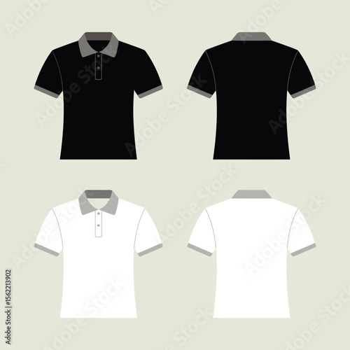 Front and back views of black and white polo shirts with grey collars