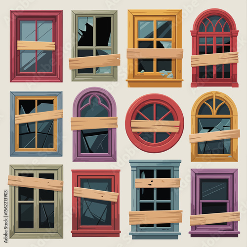Collection of boarded up and broken windows in various shapes and colors
