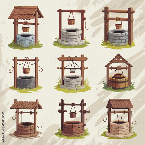 Collection of nine rustic wooden and stone water wells with buckets and ropes