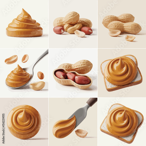 Delicious peanut butter spread on toast and in a spoon with whole peanuts