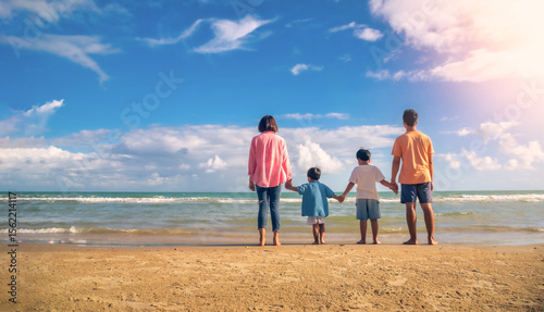 Asian family vacation holiday on the beach in the sunset