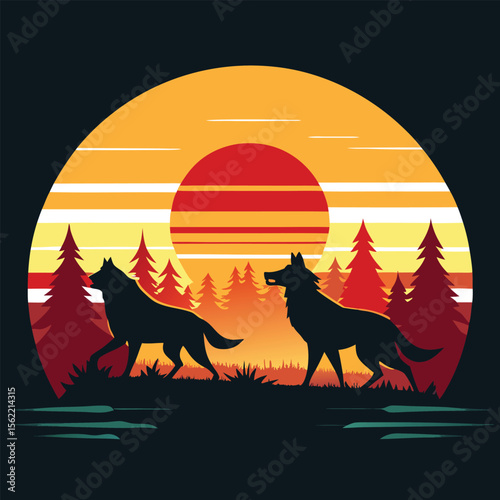 Two Wolf Silhouettes in Forest Landscape at Sunset or Sunrise
