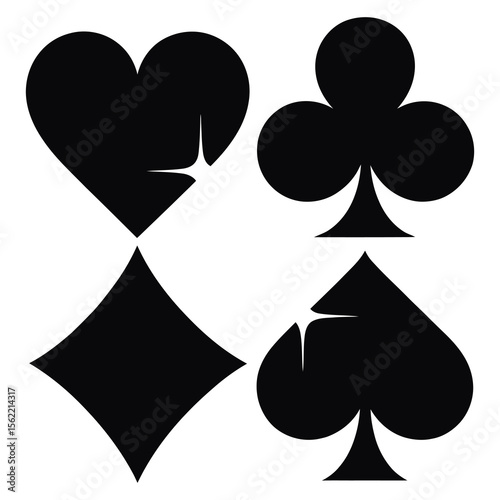  Four classic black playing card suits hearts diamonds clubs spades isolated on white background