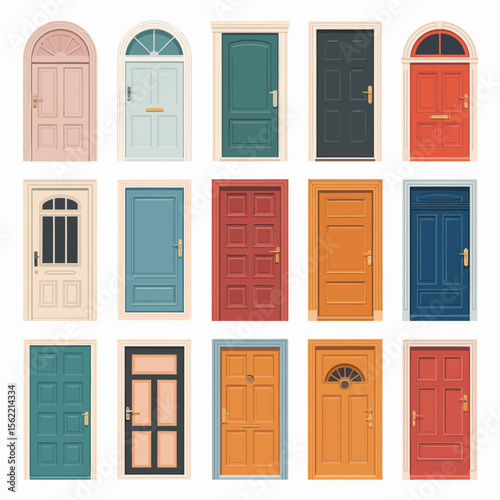 Collection of diverse colorful front doors with different designs and styles