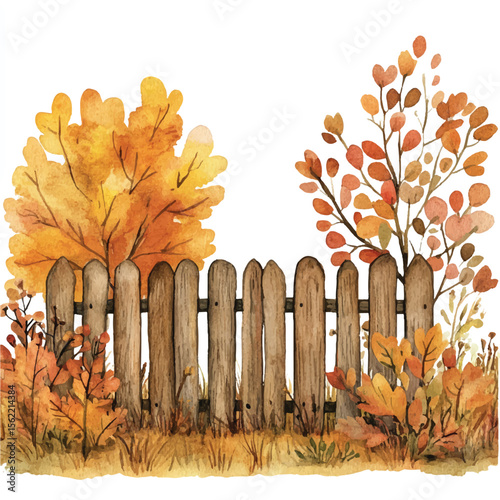 Watercolor Autumnal Scene with Wooden Fence and Colorful Foliage
