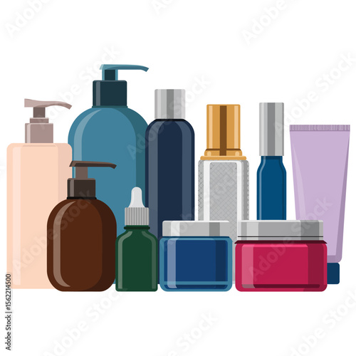 Collection of various skincare and cosmetic bottles and jars